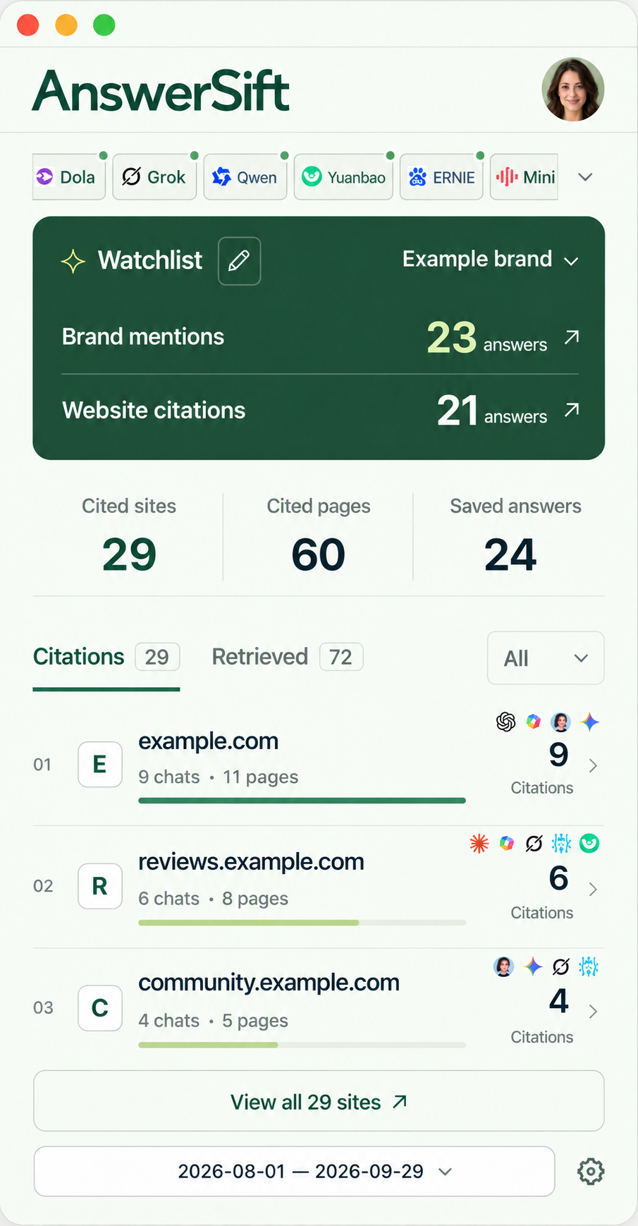 English AnswerSift window with sample data and example.com source domains.