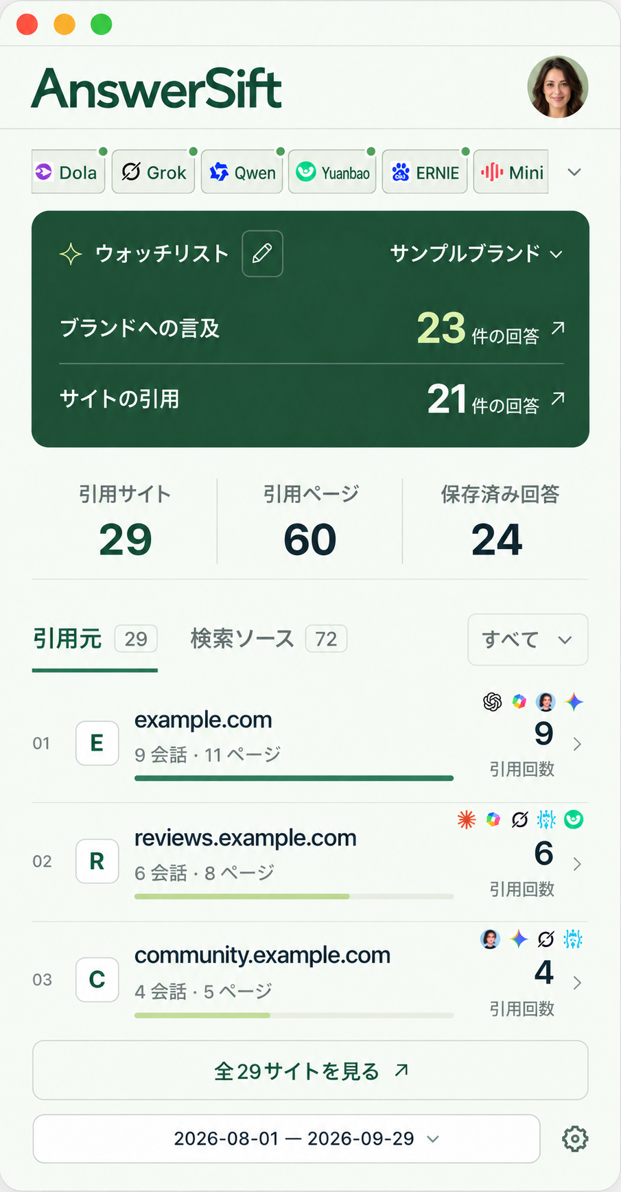 日本語版AnswerSiftの画面イメージ。サンプルデータとexample.comの引用元を表示。